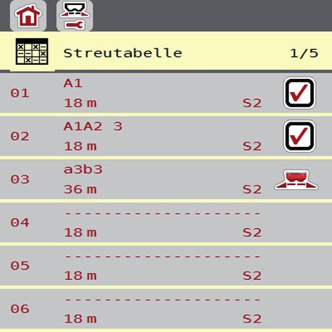 Obsługa AXIS ISOBUS..9 Tabela wysiewu W tych menu można tworzyć Tabele wysiewu i zarządzać nimi. Wybór tabeli wysiewu ma wpływ na ustawienia nawozu w sterowniku maszyny i rozsiewaczu nawozów.