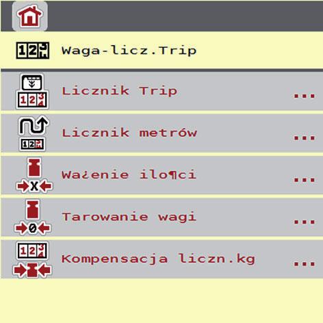 Obsługa AXIS ISOBUS.10 Waga-licznik Trip W tym menu znajdują się wartości dotyczące wykonanego wysiewu i funkcji trybu wagowego. Wywołać menu Menu główne > Waga-licznik Trip.