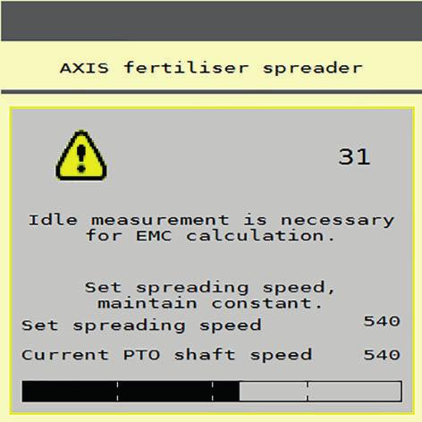 Praca rozsiewacza ze sterownikiem maszyny AXIS ISOBUS 5 Rysunek 5.5: Okno informacyjne pomiaru biegu jałowego (przykład w języku angielskim) 7.