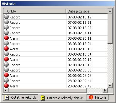 . Z głównego okna programu zaznaczając dowolny obiekt można przejść do zakładek z informacjami szczegółowymi (alarmy, pomiary, historia, ostatnie rekordy,