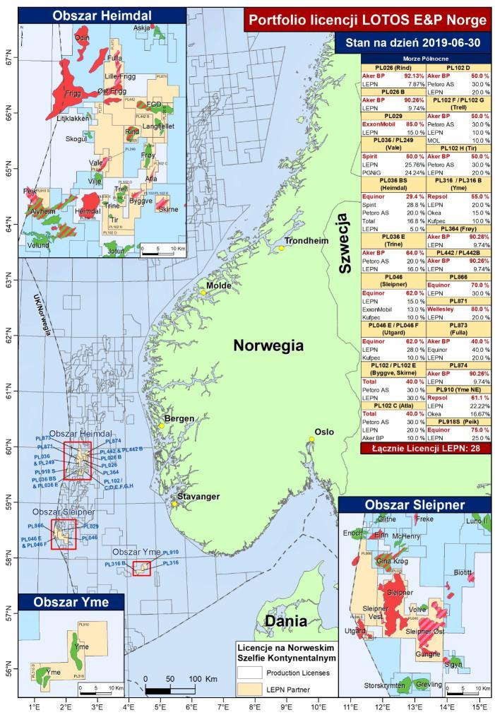 Działalność poszukiwawczo-wydobywcza w Norwegii Koncesje spółki LOTOS Exploration & Production Norge AS na dzień 30 czerwca 2019 roku Źródło: opracowanie własne W 2 kw.