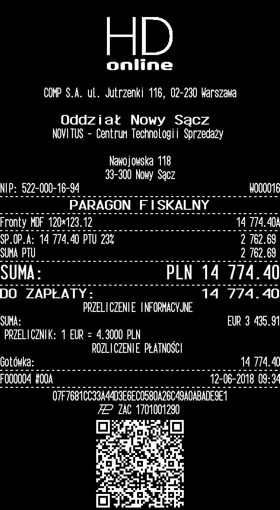 Na szerokim wydruku, w przypadku dużych kwot, widoczne jest odseparowanie części tysięcznej (np. 14 774.40 zł). Przykład odseparowania na paragonie fiskalnym. 7. Obcinacz Drukarka wyposażona jest w automatyczny obcinacz papieru.