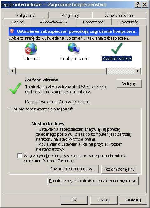 3. W celu poprawnego działania urządzenie, należy dodać powyższy adres do zaufanych witryn oraz włączyć wszystkie formanty ActiveX: W prawym górnym rogu