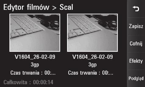 Zdjęcia i klipy wideo 6 Wybierz kolejno opcje Zapisz oraz Tak w celu zapisania nowego, scalonego klipu wideo. Zastąp istniejący plik lub zapisz go jako nowy plik.