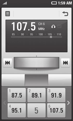 Ustaw jako kanał Radio FM Słuchaj przez Głośność Wyszukiwanie stacji Stacje można programować w telefonie, wyszukując je ręcznie lub automatycznie.