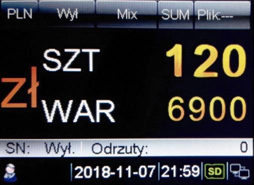VI. Opis wyświetlacza Tryb sortowania jakościowego Wybrana waluta Tryb liczenia Sumowanie Plik Wynik liczenia Numer seryjny Konto użytkownika Aktualna data Ikona karty SD i bieżący czas Ilość