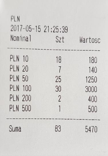 Jeśli w liczonym pliku będą banknoty o innym nominale, zostaną skierowane do kieszeni odrzutów.