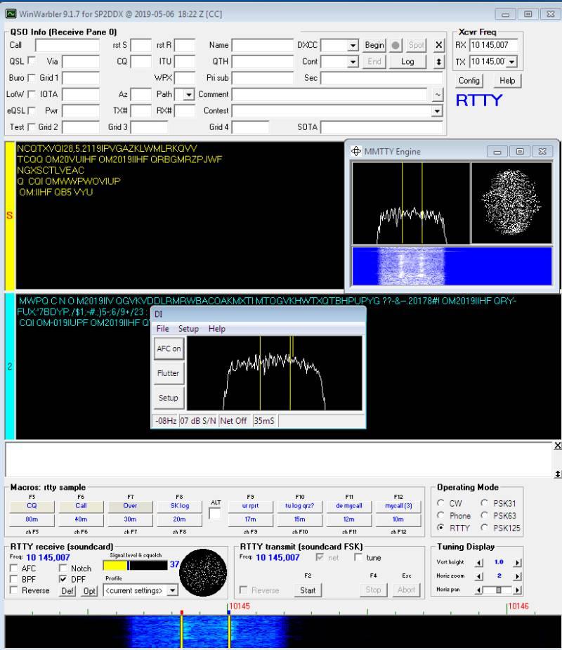 Ekran programu WinWarbler: CW, SSB, RTTY, PSK31, PSK63, PSK125.