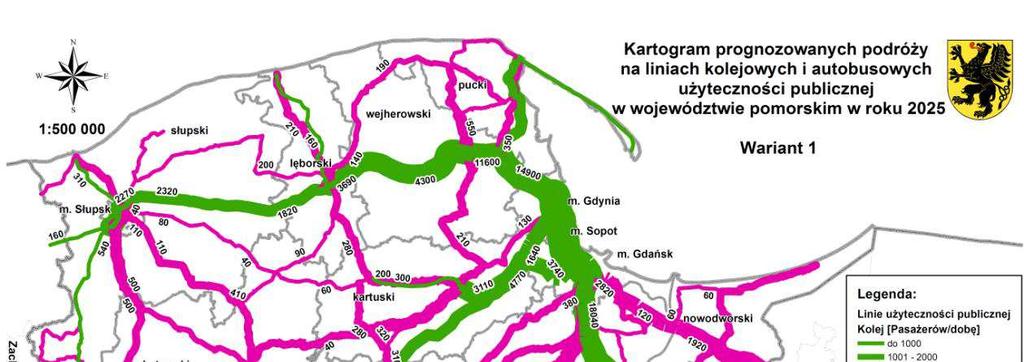 Kartogram prognozowanych podróży w publicznym transporcie zbiorowym opartym o kolej aglomeracyjną Źródło: Plan zrównoważonego rozwoju publicznego transportu zbiorowego dla województwa pomorskiego