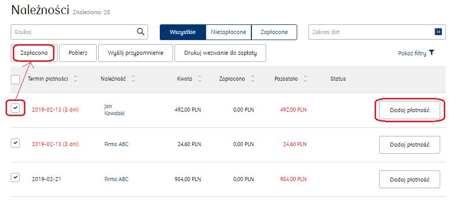 Po dodaniu płatności zostanie zmieniony status płatności. W podglądzie dokumentu widoczna jest lista wszystkich dodanych płatności.