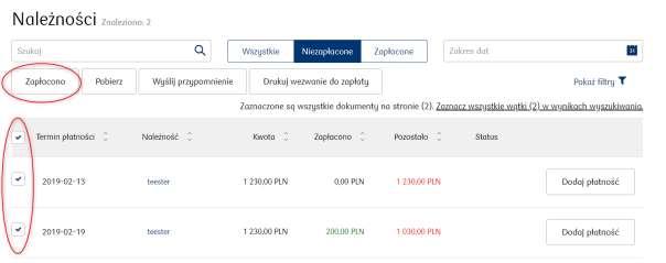 Listę dodanych płatności do dokumentu można