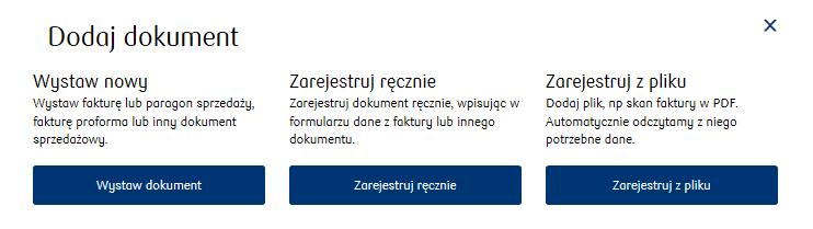 Wystaw fakturę umożliwia wystawienie dokumentu sprzedaży spośród dostępnych typów: faktura sprzedaży, proforma, zaliczkowa, korygująca, wewnątrzwspólnotowa, pozostały przychód.