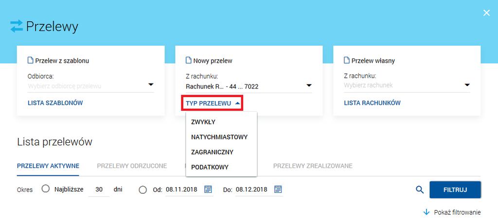 wyboru filtrów dla przelewów aktywnych, odrzuconych, anulowanych i