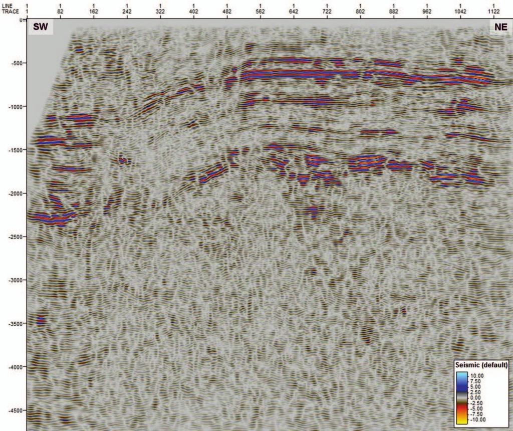 Rys. 9. Profil sejsmiczny nr 1 (poststack; przetwarzanie w INiG PIB) w odtworzeniu atrybutu Structural smoothing Fig. 9. Seismic profile No.