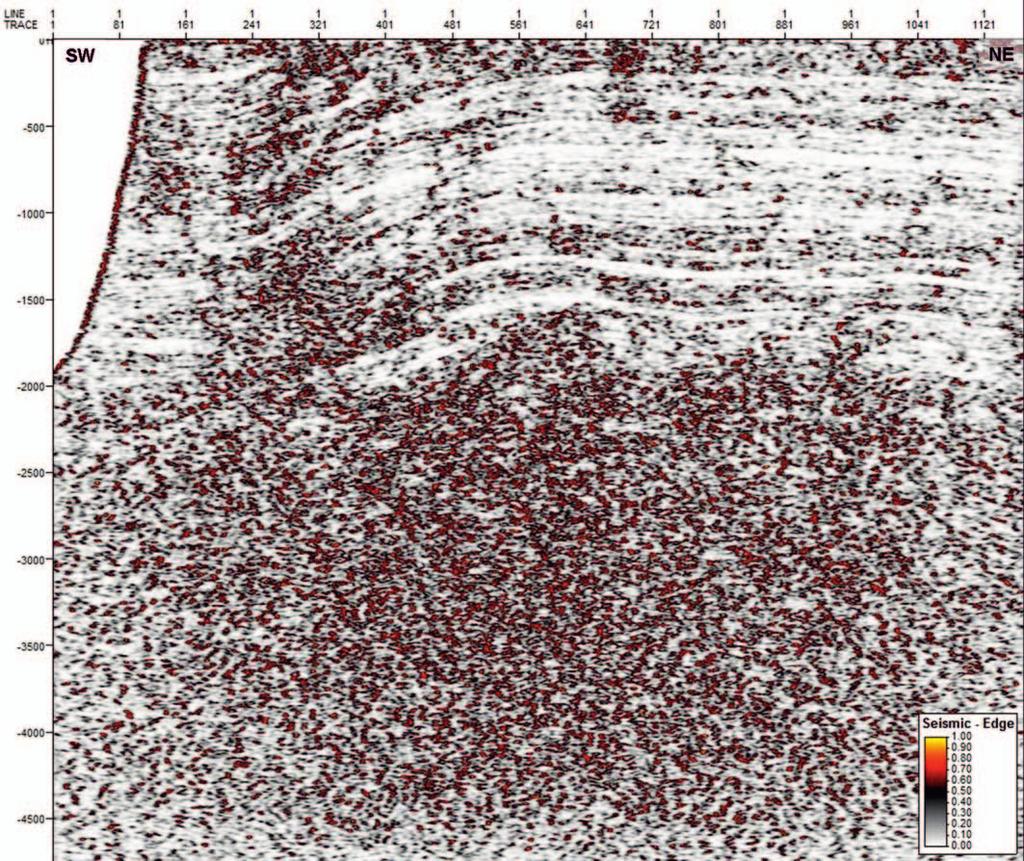 Profil sejsmiczny nr 1 (poststack; przetwarzanie w INiG PIB) w odtworzeniu atrybutu RMS Amplitude Fig. 11. Seismic profile No. 1 (poststack, processing in INiG PIB) RMS Amplitude attribute Rys. 13.