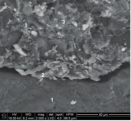 Fig. 15. Interfacial transition zone in concrete without basalt dust after 28 days of hydration: point 1 aggregate grain, point 2 portlandite and its microanalysis, point 3 C-S-H phase Rys. 15. Strefa przejściowa w betonie bez dodatku pyłu bazaltowego po 28 dniach hydratacji: punkt 1 ziarno kruszywa, punkt 2 portlandyt i jego mikroanaliza, punkt 3 faza C-S-H 4.