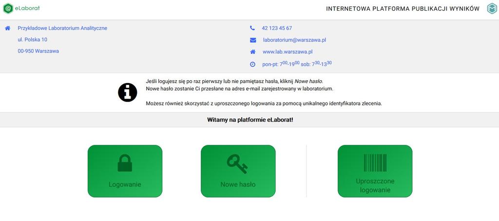 ZASADY PRACY Internetowa platforma publikacji wyników elaborat służy do udostępniania wyników badań laboratoryjnych.