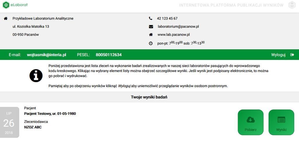 PRZEGLĄDANIE WYNIKÓW Po poprawnym zalogowaniu na ekranie wyświetla się okno z listą dat kiedy wykonywano dla Pacjenta badania lub - w przypadku logowania uproszczonego za pomocą kodu kreskowego -