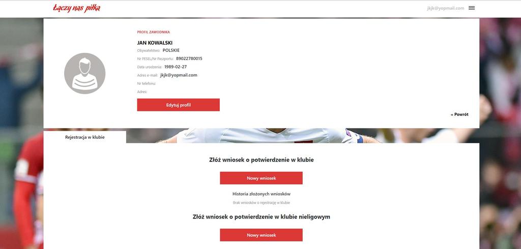 Strona ze szczegółami profilu Widok szczegółów zawodnika.