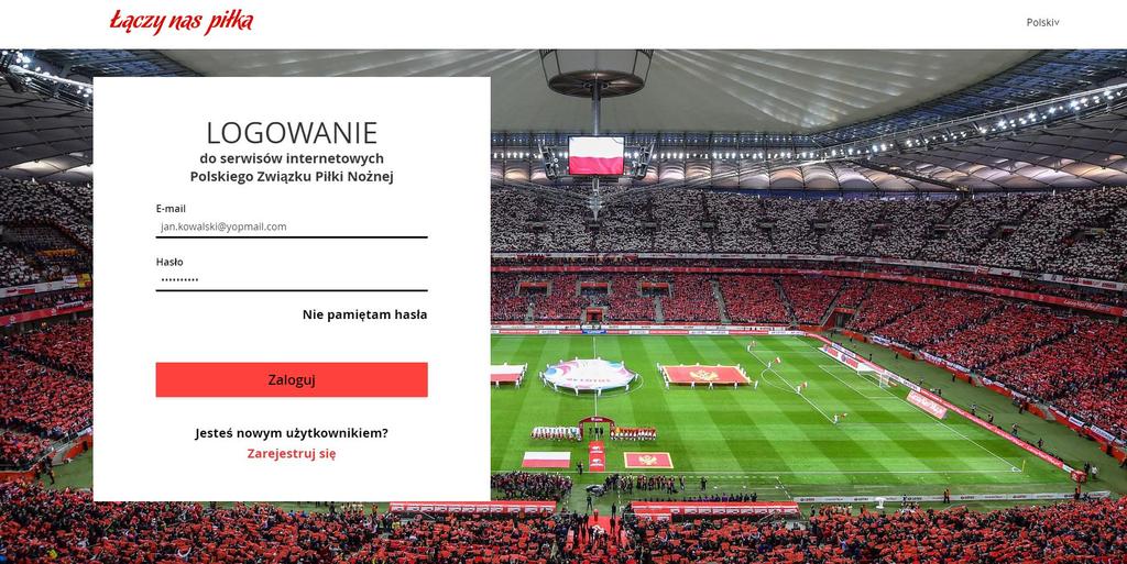 Strona logowania do serwisów internetowych Polskiego Związku Piłki Nożnej Jeżeli użytkownik posiada konto w serwisach internetowych Polskiego Związku Piłki Nożnej, musi wpisać swój adres