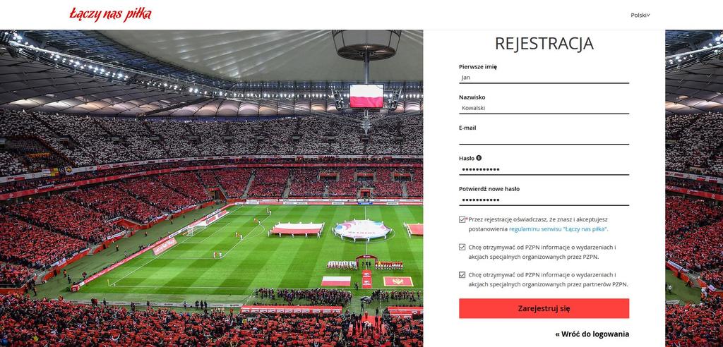 Formularz rejestracji nowego konta na serwisach internetowych Polskiego Związku Piłki Nożnej By pozytywnie przejść proces rejestracji w systemie internetowym PZPZN należy wypełnić