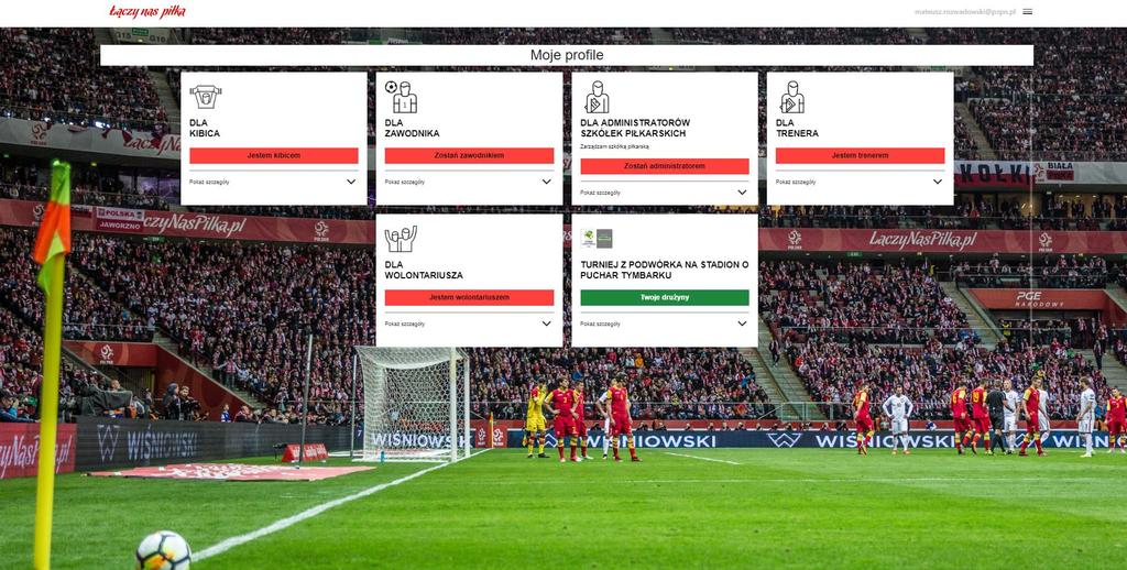 Strona wyboru profilu użytkownika po pierwszym logowaniu na Portal ŁączyNasPiłka.