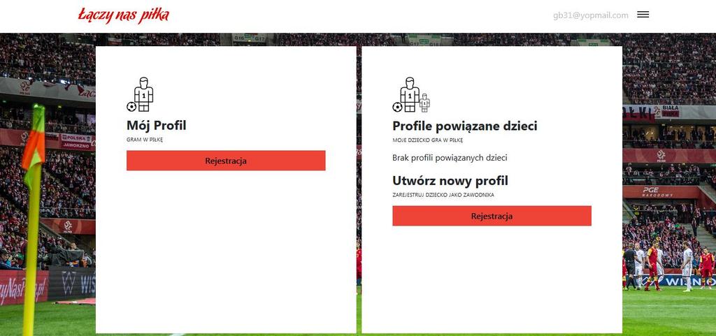 Ekran wyboru: zostania zawodnikiem lub utworzenia profilu powiązanego dzieci Należy kliknąć w przycisk Rejestracja w kafelku