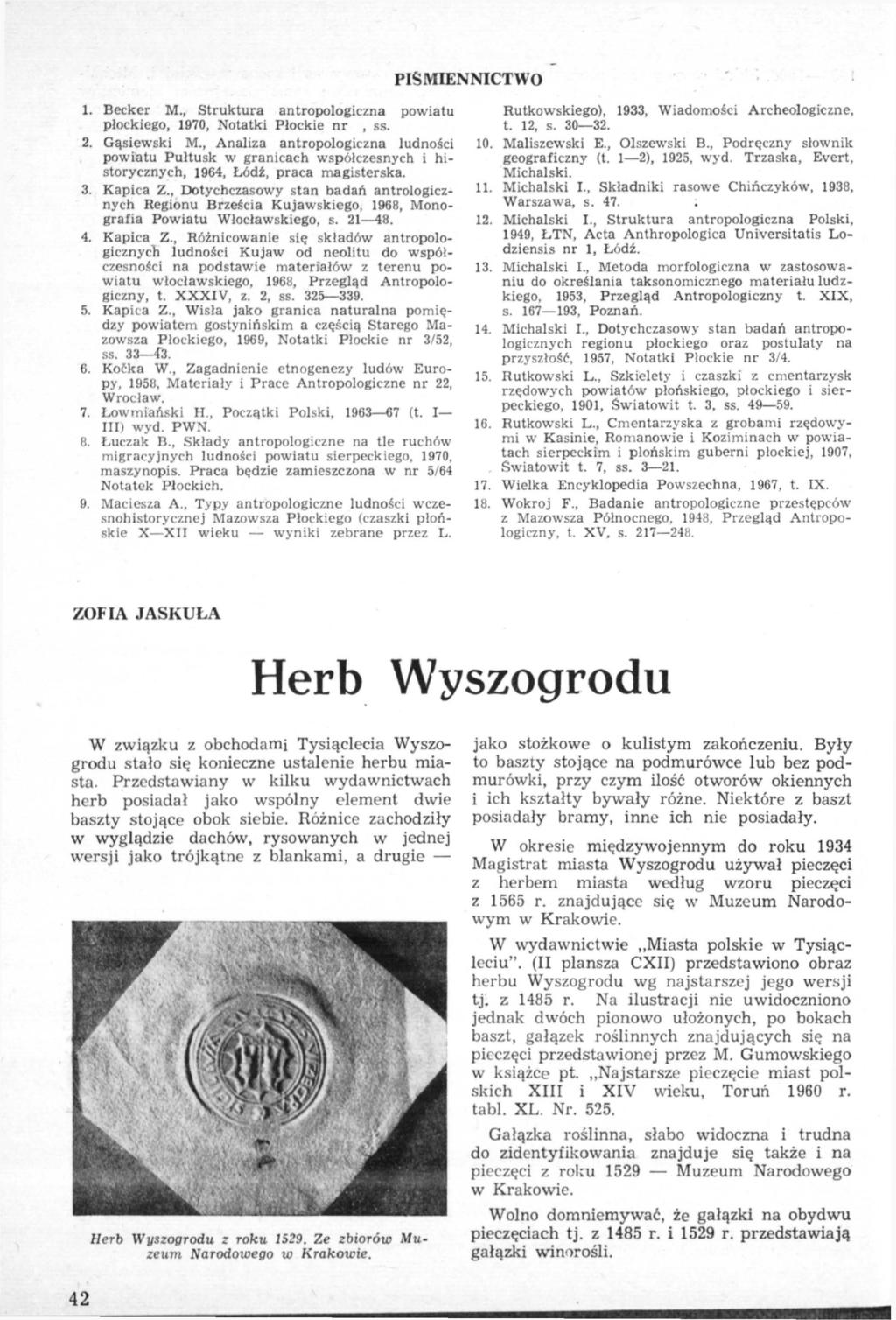 PIŚMIENNICTWO. Becker M., Struktura antropologiczna powiatu płockiego, 970, Notatki Płockie nr, ss. 2. Gąsiewski M.
