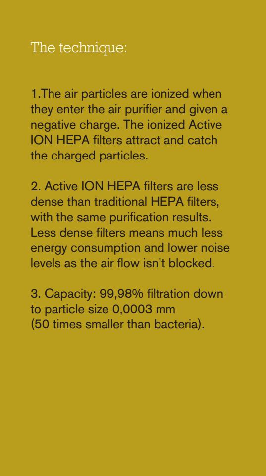Filtracja pyłów Active ION HEPA usuwa 99,98% szkodliwych cząstek Oprócz wyjątkowo dużej pojemności oczyszczania, unikalne filtry Active ION HEPA pozwalają na duży przepływ powietrza przy niskim