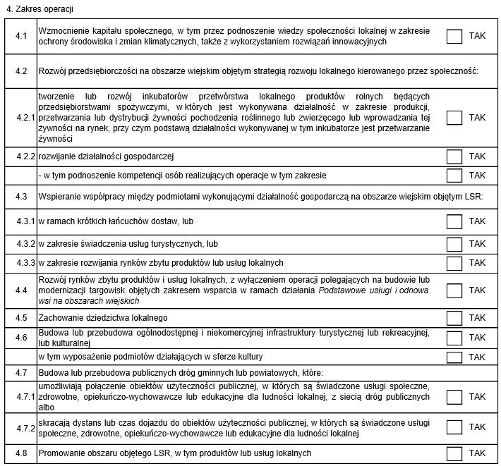ZAKRES OPERACJI NALEŻY ZAZNACZYĆ X W POLU
