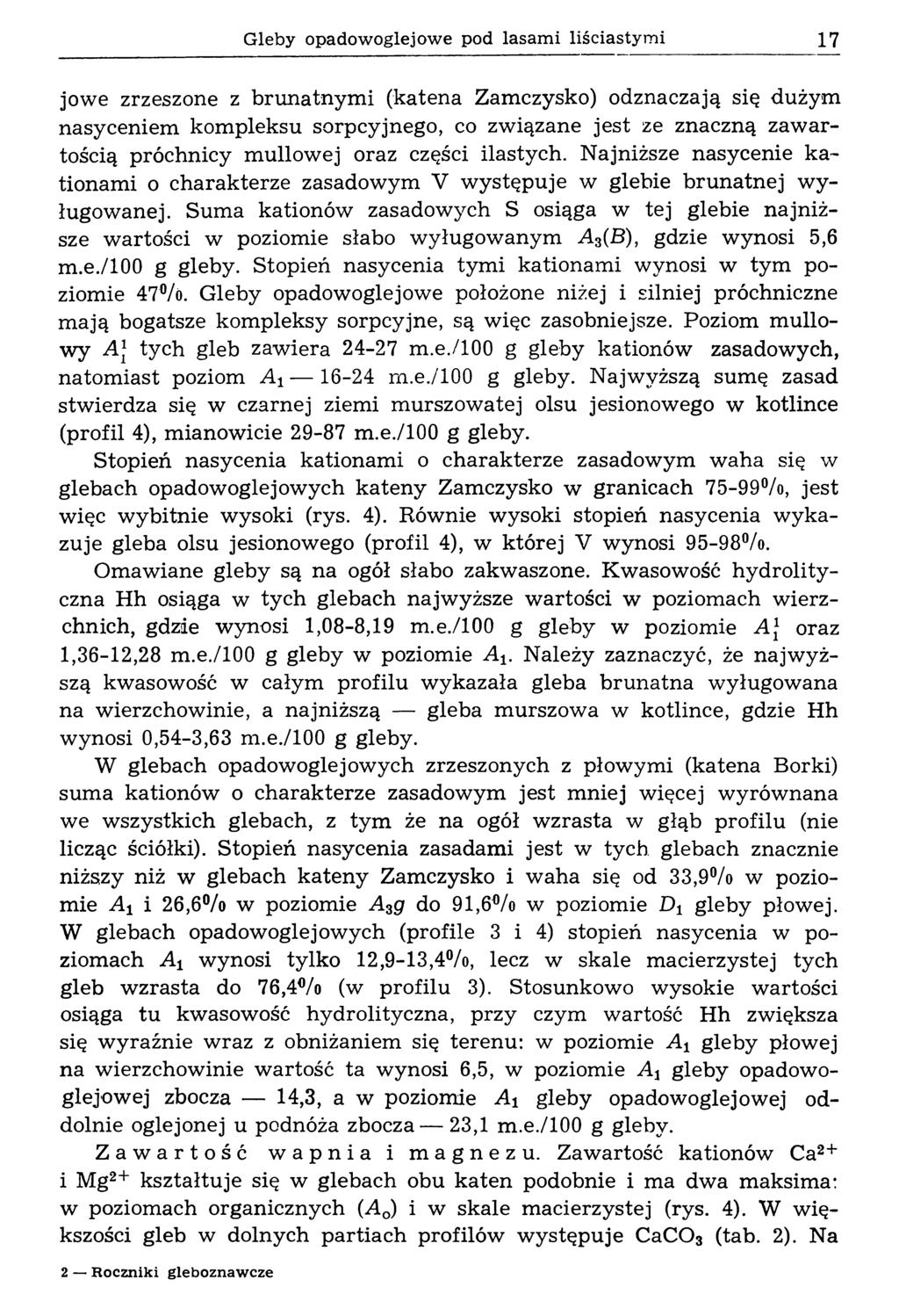 Gleby opadowoglejowe pod lasami liściastymi 17 jowe zrzeszone z brunatnym i (katena Zamczysko) odznaczają się dużym nasyceniem kom pleksu sorpcyjnego, co zw iązane jest ze znaczną zaw artością