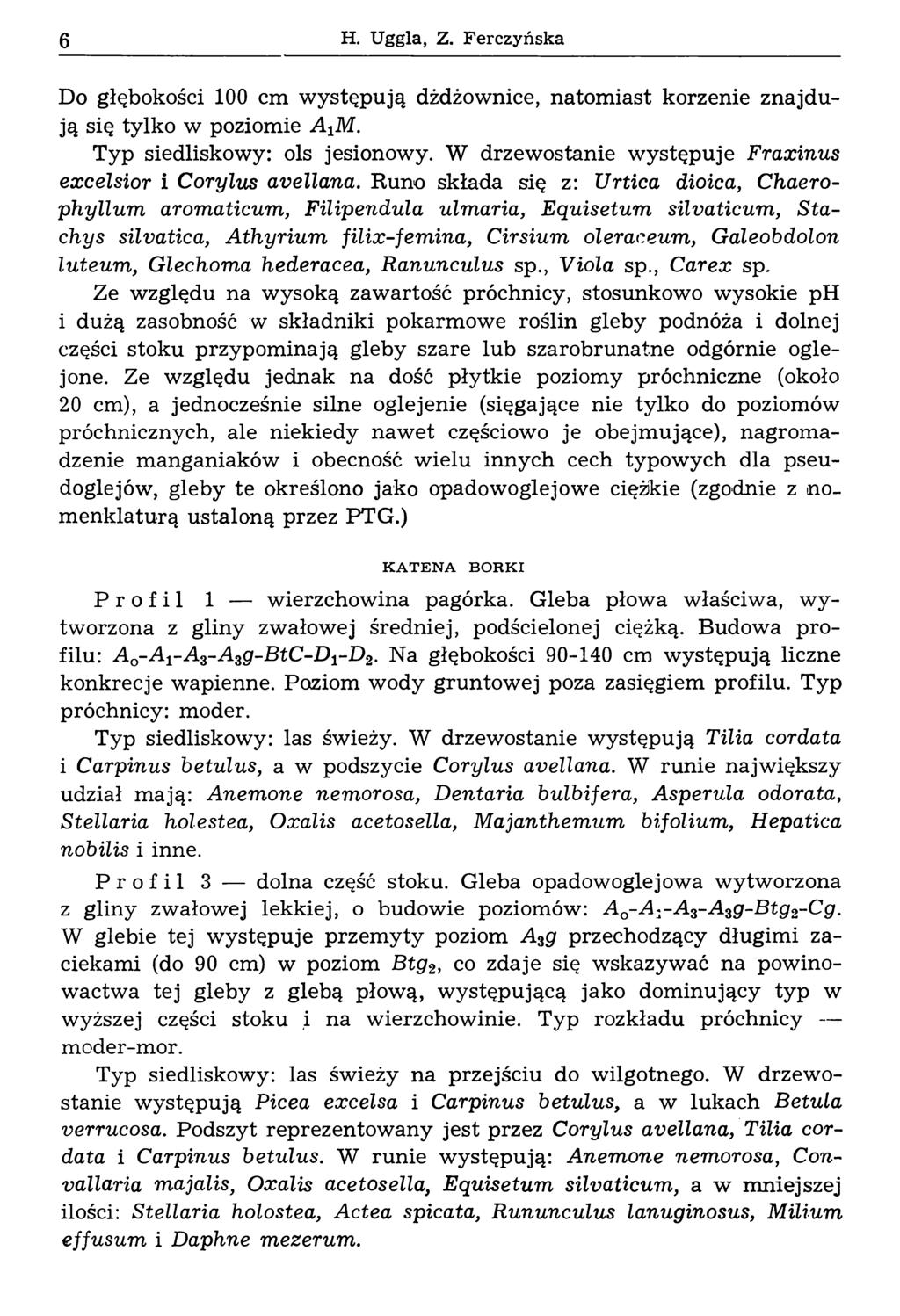 6 H. Uggla, Z. Ferczyńska Do głębokości 100 cm w y stęp u ją dżdżownice, natom iast korzenie zn ajd u ją się tylko w poziomie A XM. Typ siedliskowy: ols jesionowy.