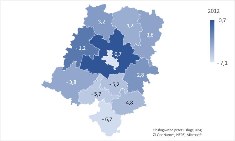 Mapa 1. Zmiana liczby ludności na 1000 mieszkańców w 2012 i 2017 r. 2012 r. 2017 r. Źródło: opracowanie własne na podstawie danych BDL GUS.