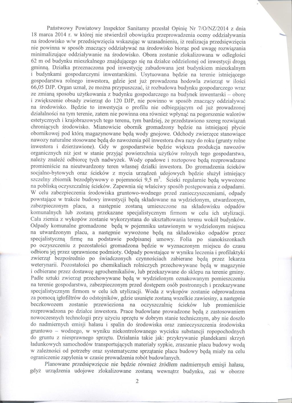 , o Panstwowy Powiatowy Inspektor Sanitarny przeslal Opinie Nr 7/0/NZ/2014 z dnia 18 marca 2014 r.
