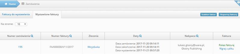 W zakładce Zamówienia -> Faktury, faktury generują się automatycznie wraz z utworzeniem daty dla płatności terminowej (w ciągu 24 h od wysłania zamówienia).