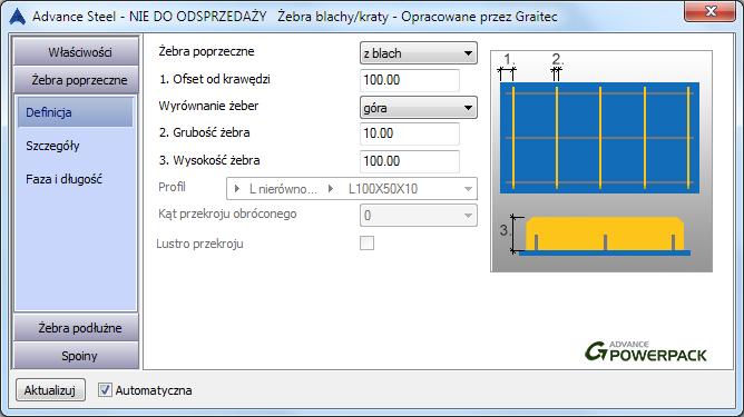 Żebra blach / krat Połączenie pozwala rozmieścić żebra równolegle do wybranej krawędzi blachy lub kraty pomostowej.