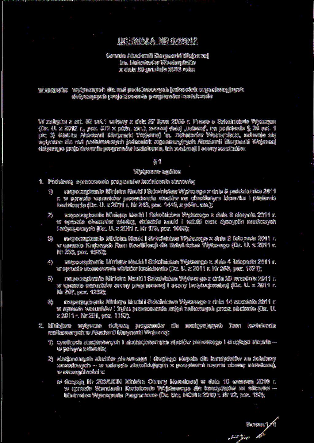 UCHWAŁA NR 67/01 Senatu Akademii Marynarki Wojennej im.