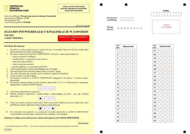 5. Pierwsza strona arkusza do części pisemnej egzaminu i karta odpowiedzi dla zdających egzamin potwierdzający