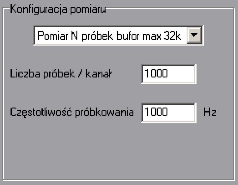 4.. Panel Konfiguracja pomiaru W panelu Konfiguracja pomiaru można dokonywać wyboru pomiędzy pomiarem określonej liczby próbek, a pomiarem ciągłym. Pomiar N próbek bufor max 3k Rysunek 5.