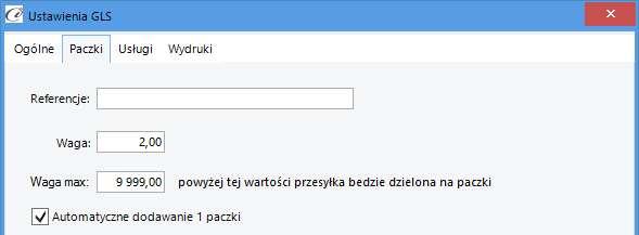 Paczki Paczki definiujemy domyślne ustawienia paczki, czyli opis przesyłki oraz jej wagę. (rys.