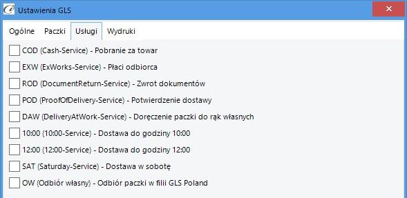 25) Usługi Wydruki W zakładce wydruki decydujemy czy etykiety i potwierdzenia będą drukowane automatycznie, czy program zapyta nas o