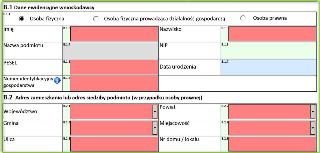 Jeśli w formularzu są jakieś błędy, niewłaściwie wypełnione pola zostaną podświetlone na czerwono.