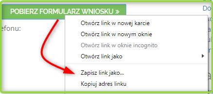 W tej sytuacji wniosek należy pobrać na dysk komputera, za pomocą przycisku z ikoną strzałki znajdującego się w prawym górnym rogu komunikatu (1), lub klikając prawym klawiszem