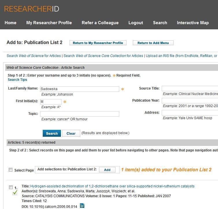 Dodawanie publikacji do profilu ResearcherID Wybrana publikacja