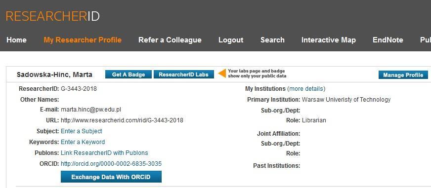 Zarządzanie profilem ResearcherID Kliknij Manage Profile, by