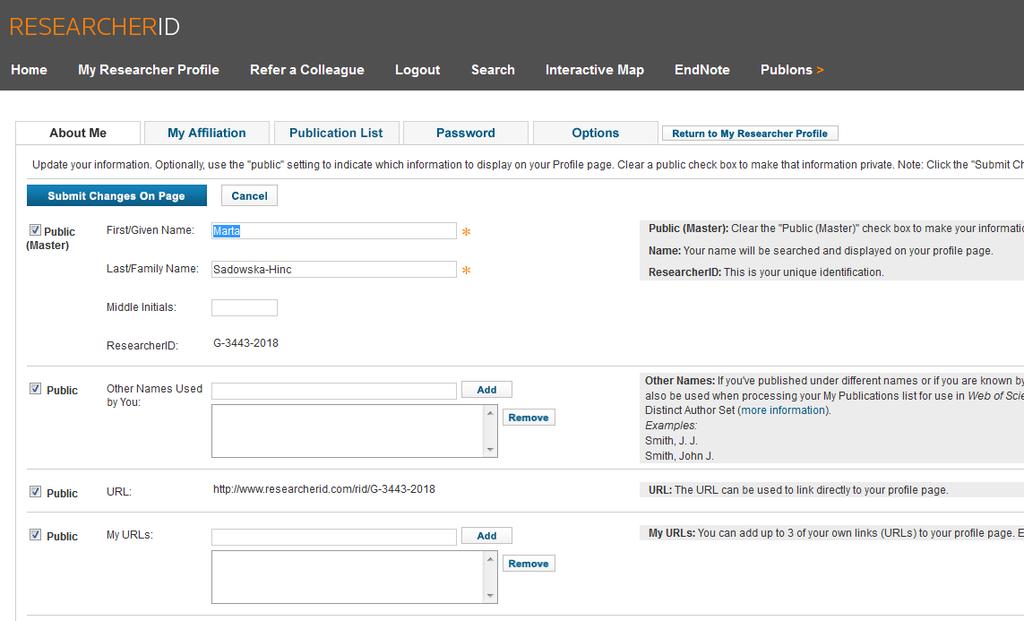 Zarządzanie profilem ResearcherID W zakładce Manage Profil możesz np.