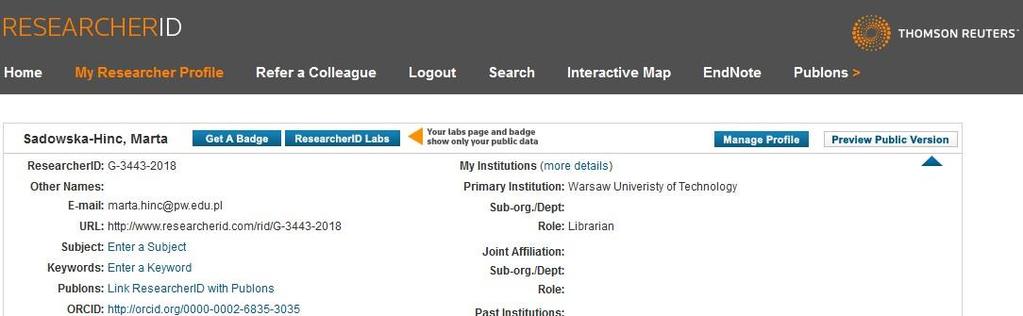 Zarządzanie profilem ResearcherID Kliknij Preview