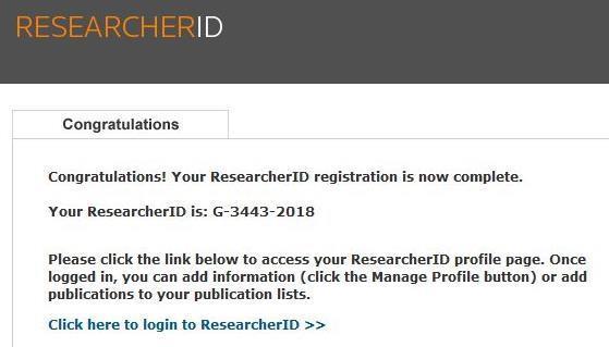 Rejestracja w ResearcherID Pojawi się komunikat z informacją o przydzielonym numerze