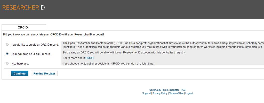 Rejestracja w ResearcherID System pyta czy chcesz w tym momencie powiązać swój profil w ResearcherID z profilem ORCID.