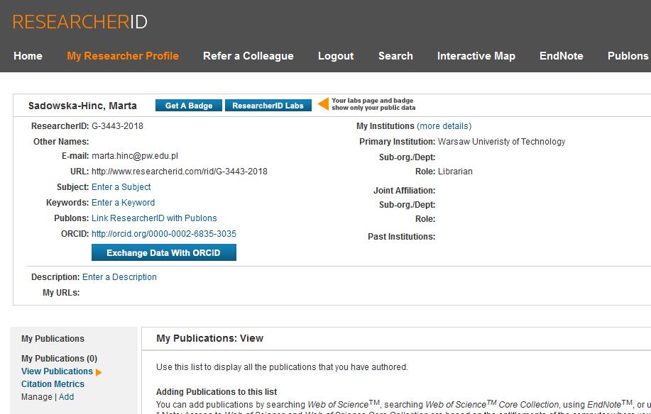 Dodawanie publikacji do profilu ResearcherID Kliknij w